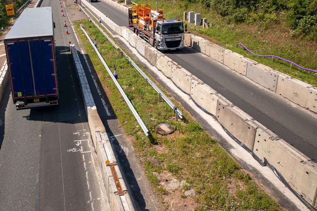 Maxibloc and Multibloc temporary vehicle restraint systems protecting M50 bridge repair works