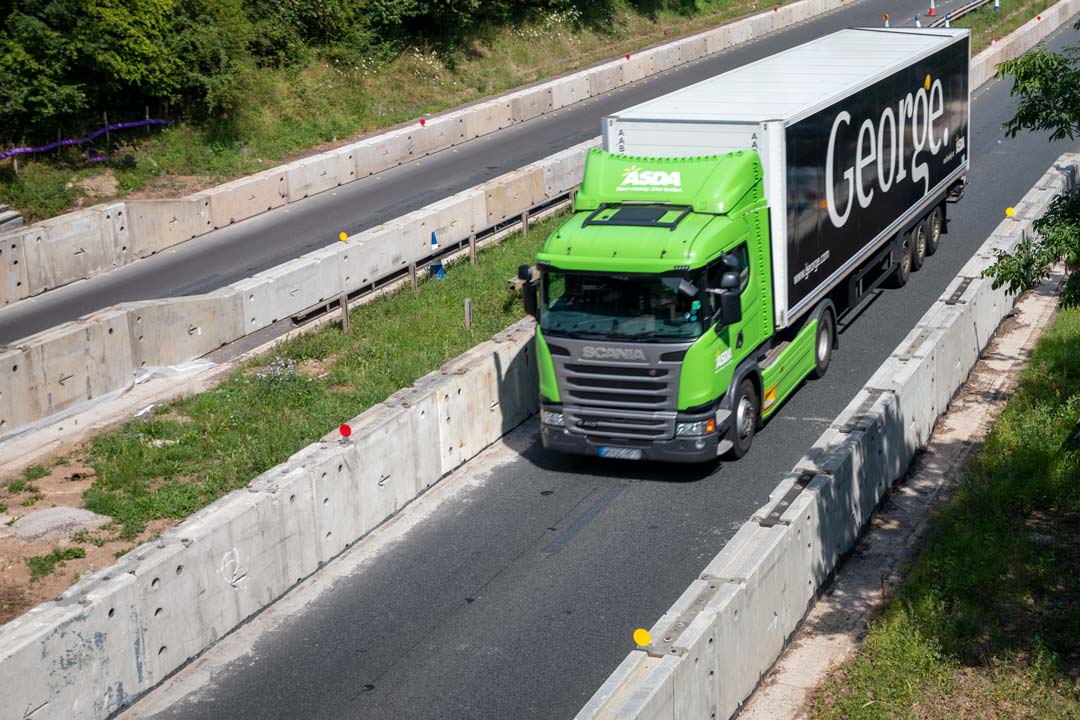 Temporary vehicle restraint system on the M50 with HGV traffic passing