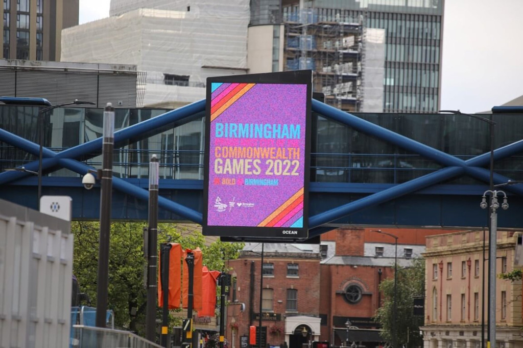 Sign advertising the Birmingham Commonwealth Games 2022 where Hardstaff Barriers helped with road management solutions