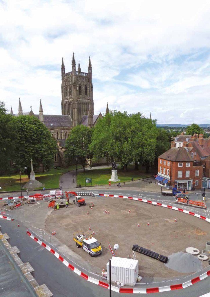 Aerial photograph of MASS barriers being installed at Worcester Ringway